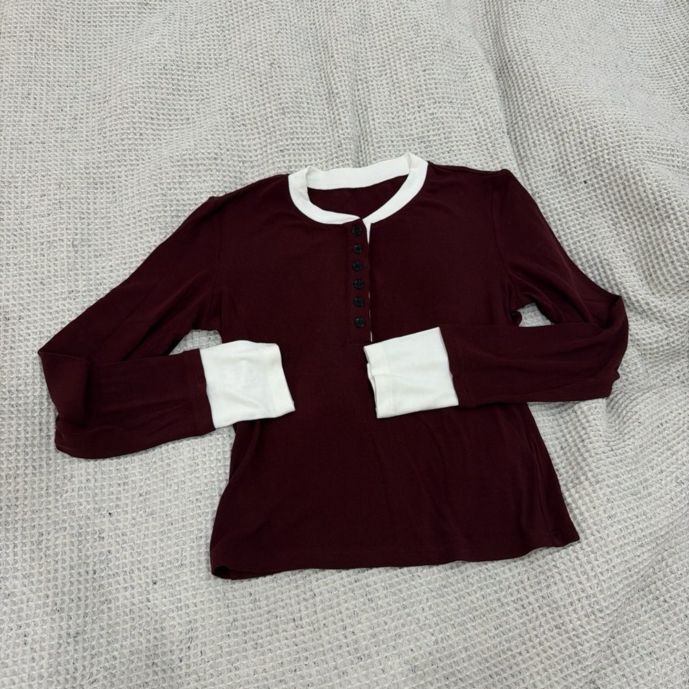 Women’s Long-Sleeve Henley Top in Burgundy with White Trim